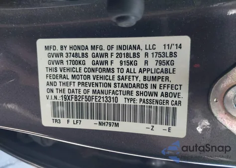 2015 Honda Civic Lx from USA, damaged, VIN 19XFB2F50FE213310